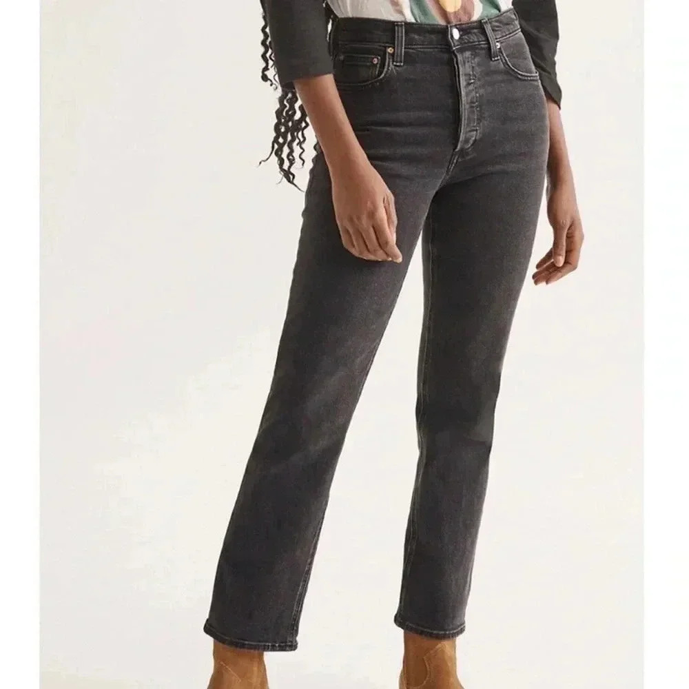 Denim Forum The Arlo High Rise Straight Black  Denim Button Fly Jeans Size 26